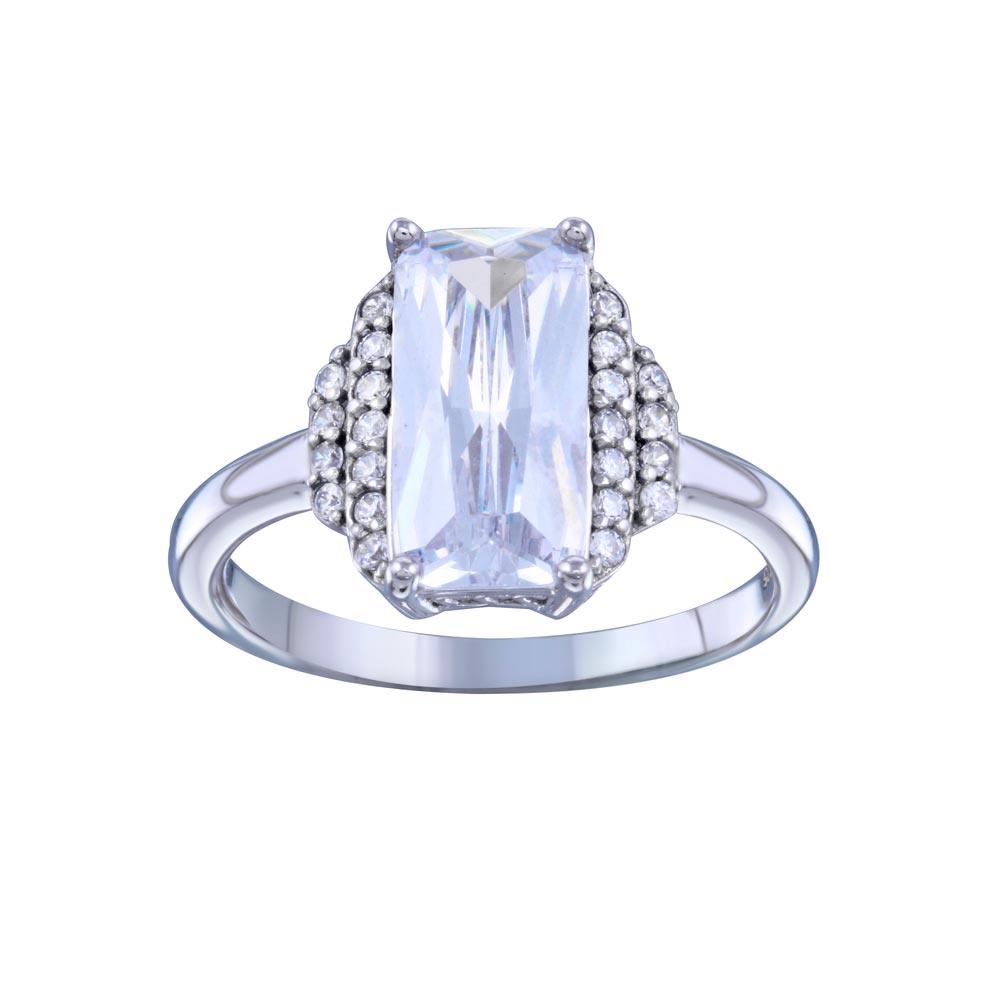 Rhodium Plated 925 Sterling Silver Rectangle Center CZ Bridal Ring Sizes 5-9