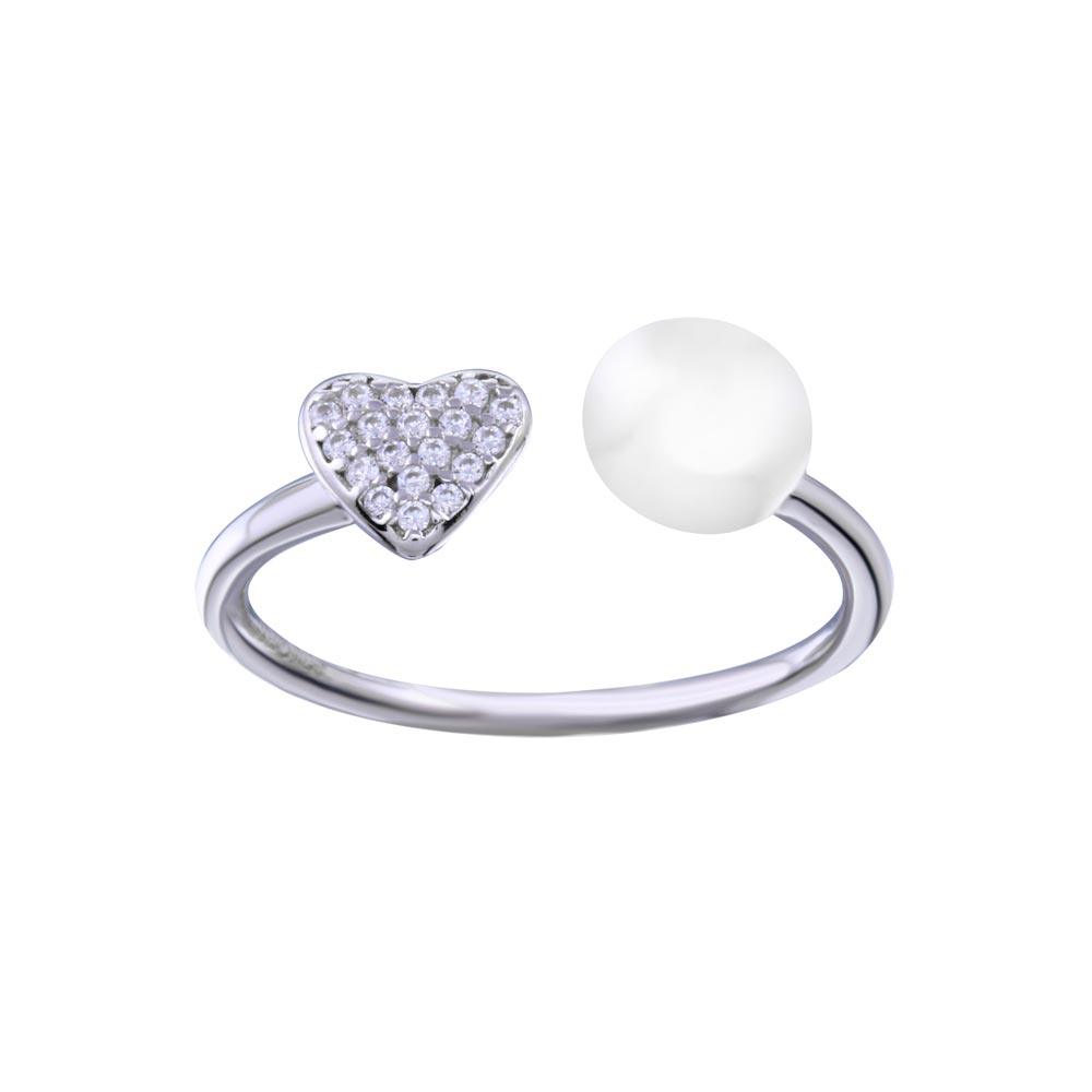 Rhodium Plated 925 Sterling Silver Simulated Pearl Heart Band CZ Ring Sizes 6-6