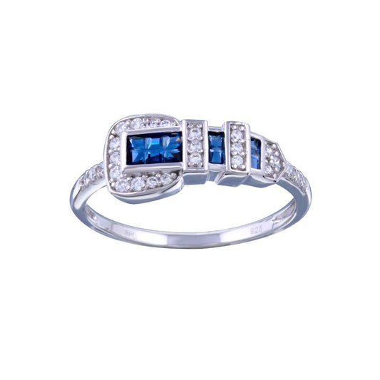 Rhodium Plated 925 Sterling Silver Blue & Clear CZ Fashion Belt Ring Sizes 5-9