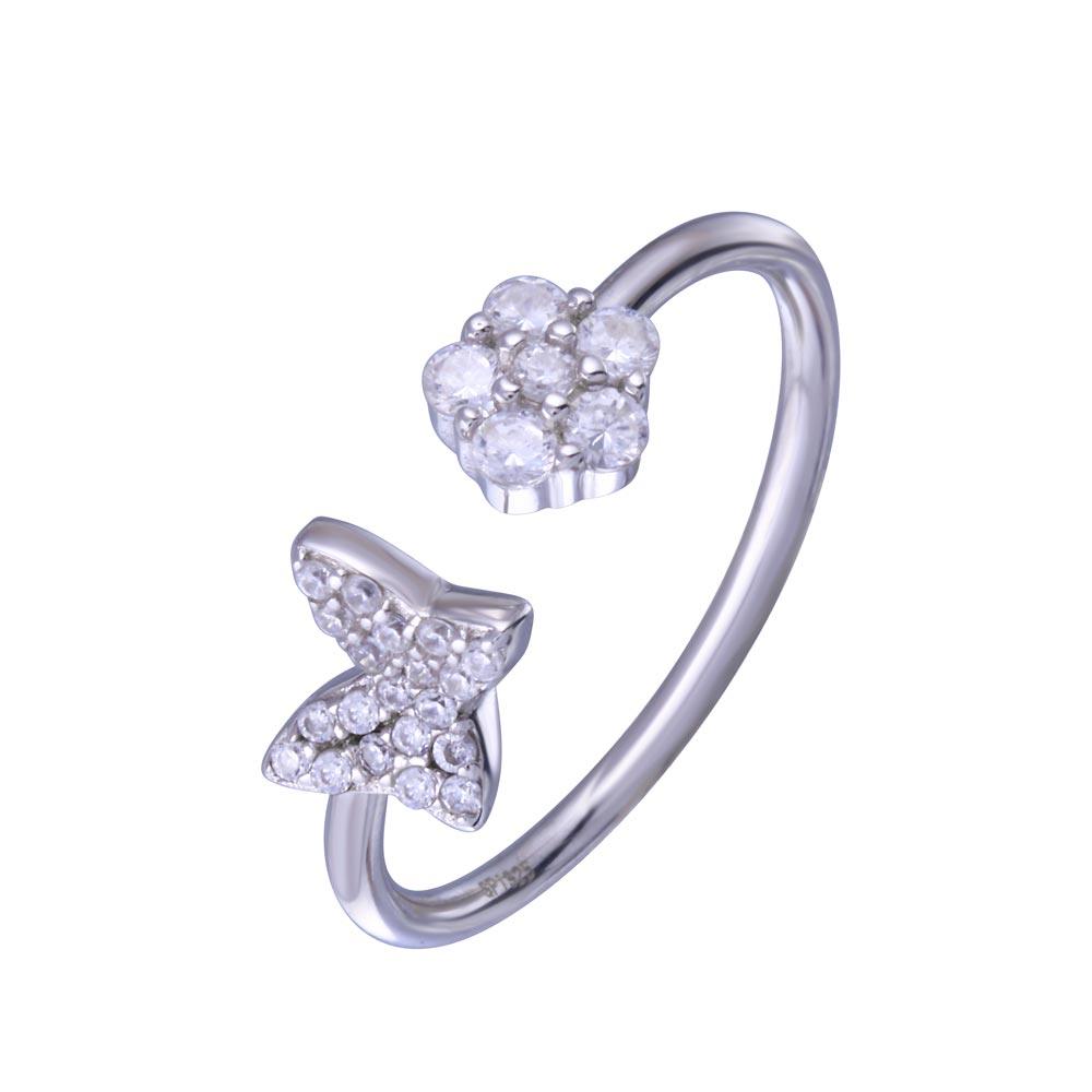 Rhodium Plated 925 Sterling Silver Butterfly Flower Clear CZ Ring Sizes 6-6