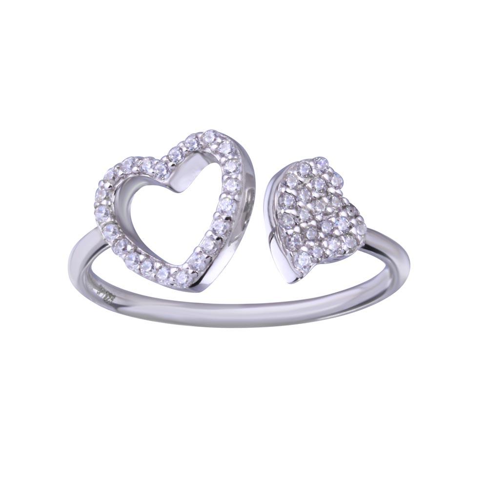 Rhodium Plated 925 Sterling Silver Two Hearts Clear CZ Adjustable Ring Sizes 6-6