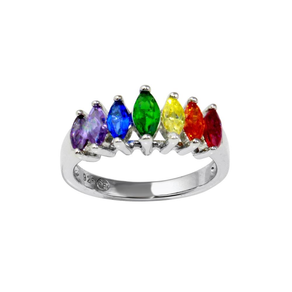 Rhodium Plated Sterling Silver Graduated Multicolor Marquise CZ Ring Sizes 5-9