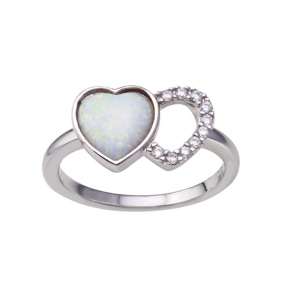 Rhodium Plated 925 Sterling Silver Heart Simulated Opal Clear CZ Ring Sizes 5-9
