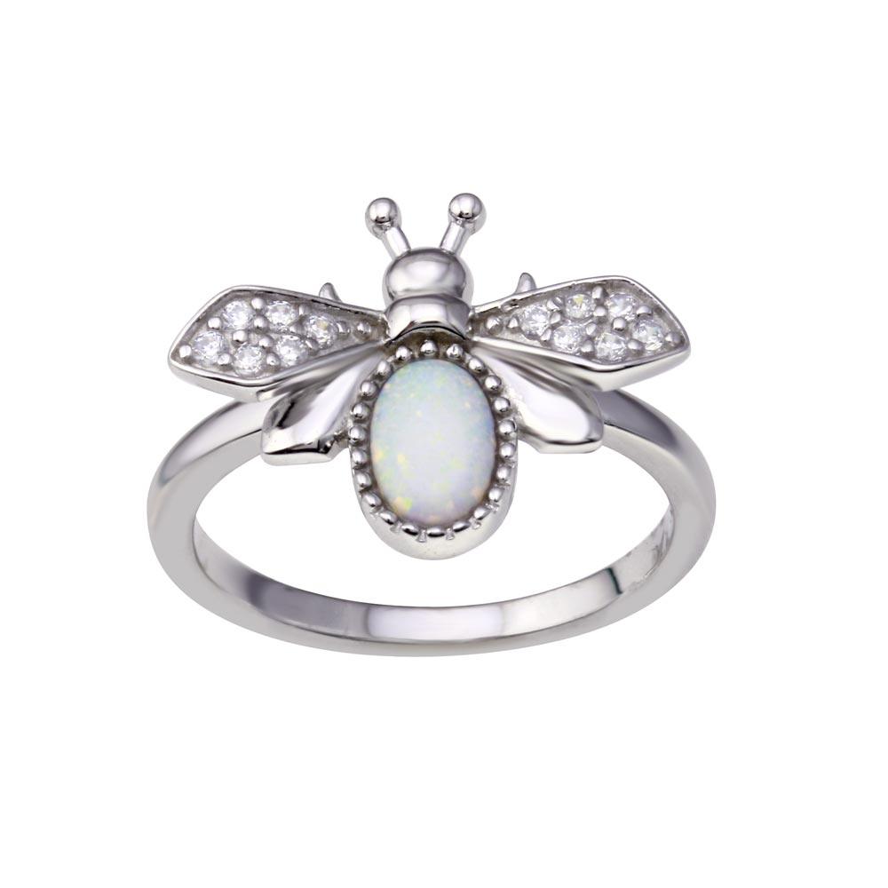 Rhodium Plated 925 Sterling Silver Simulated Opal Bee Clear CZ Ring Sizes 5-9