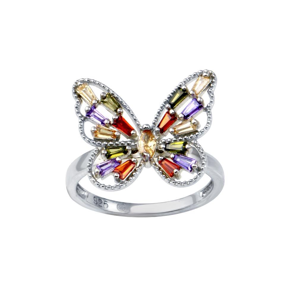 Rhodium Plated Sterling Silver Multi Color Baguette CZ Butterfly Ring Sizes 5-9