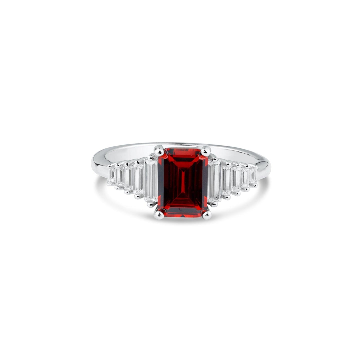 Rhodium Plated 925 Sterling Silver Square Clear & Red CZ Ring Band Sizes 5-9