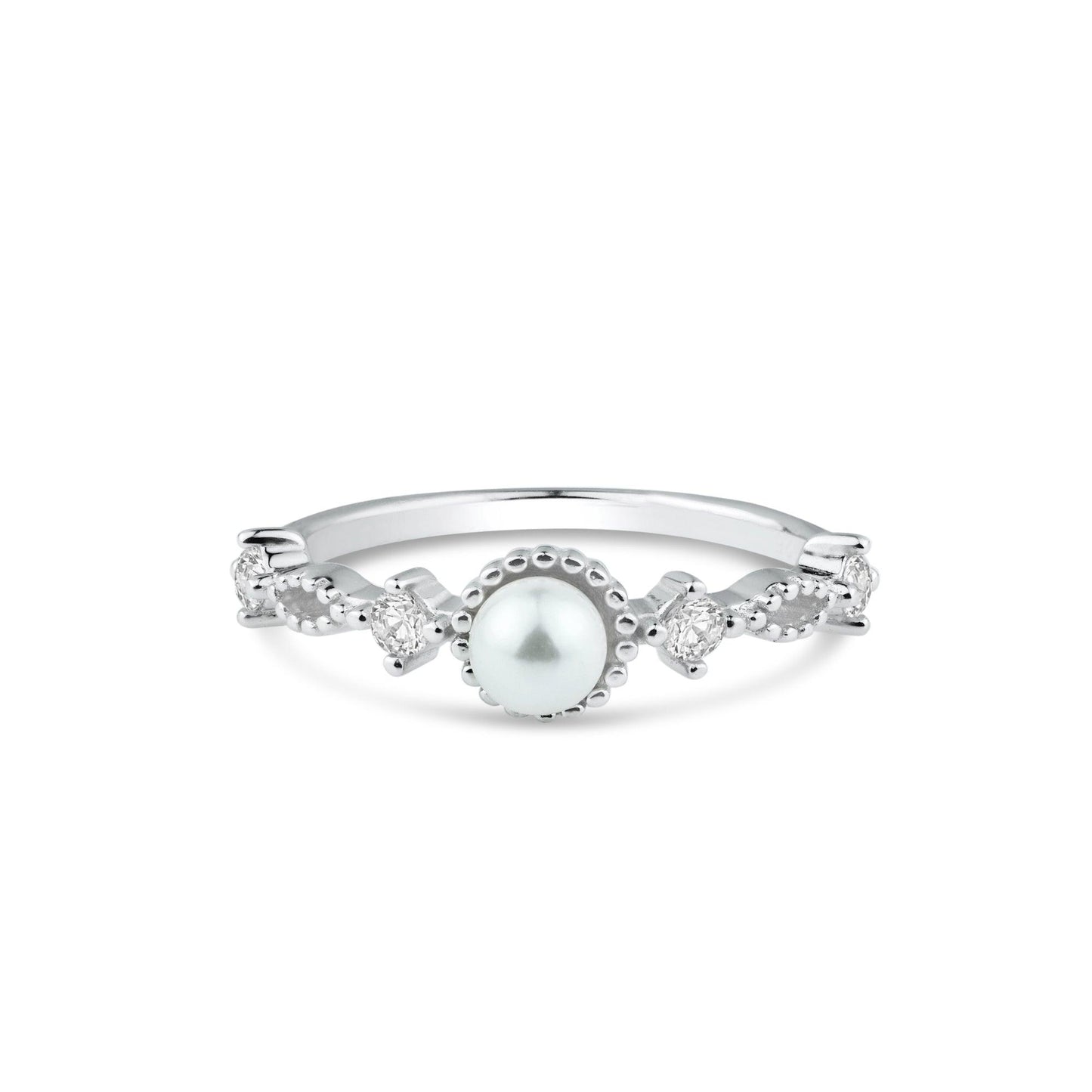 Rhodium Plated 925 Sterling Silver Simulated Pearl Clear CZ Ring Band Sizes 5-9