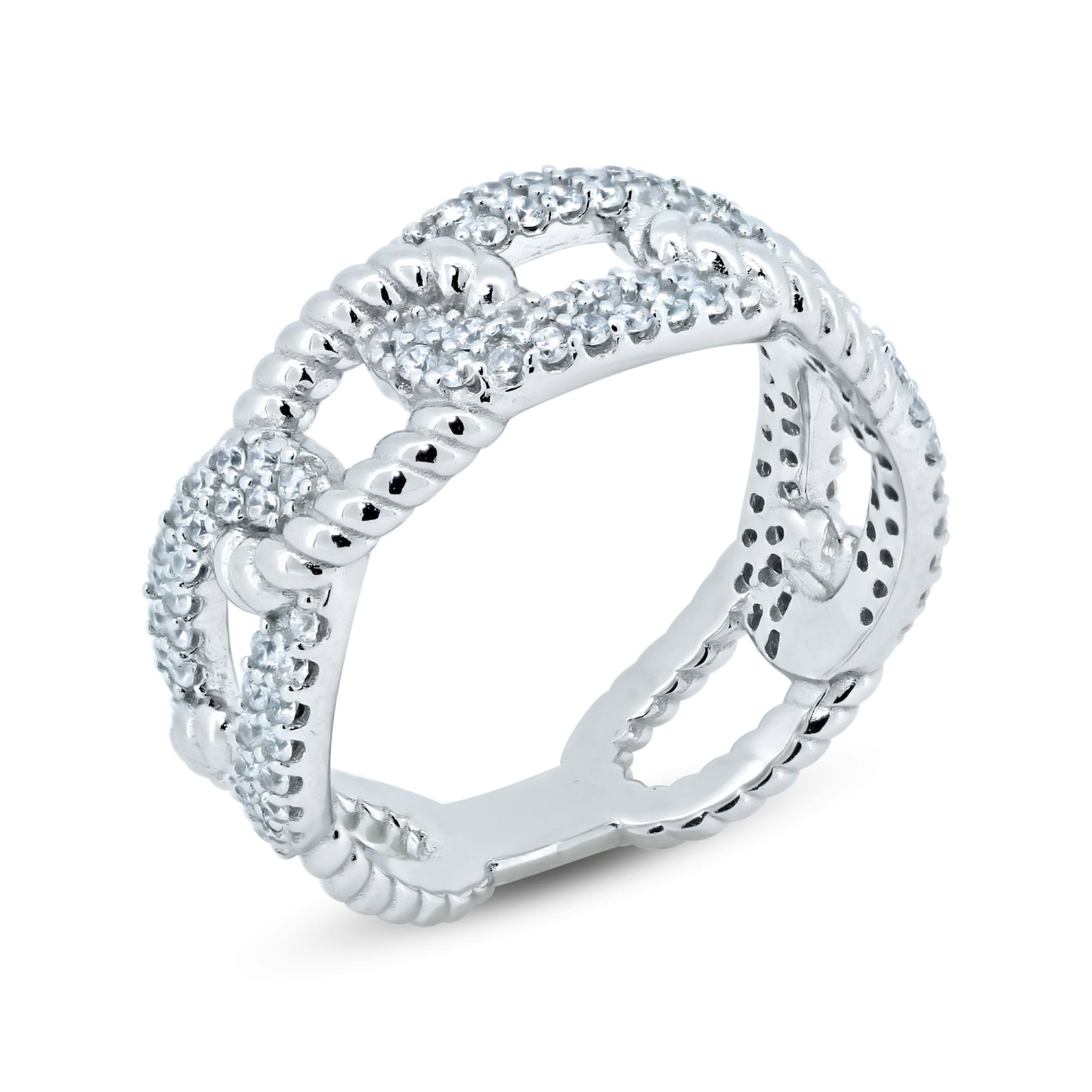 Sterling Silver 925 Rhodium Plated Chain Link Clear CZ Ring Band Sizes 5-9