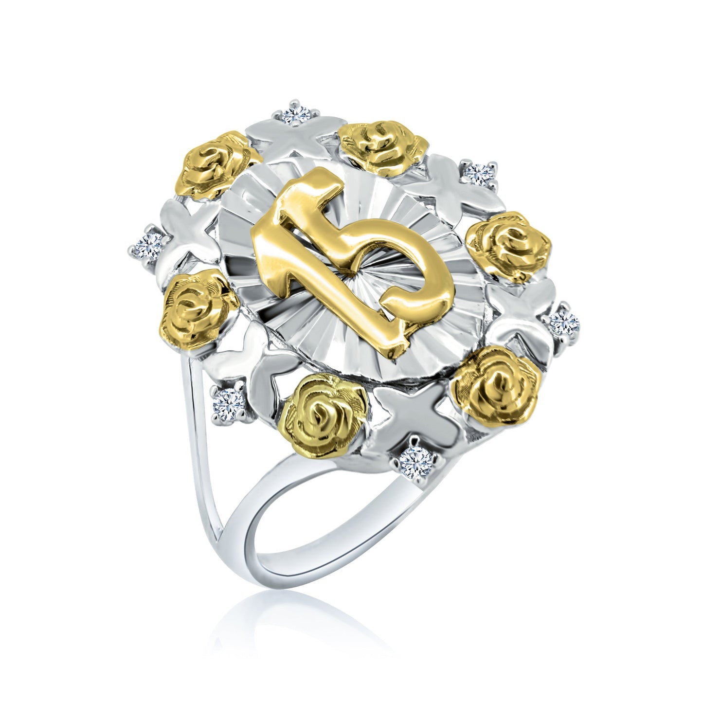 Sterling Silver 925 Rhodium Plated Diamond Cut Quincinera Flower Ring Sizes 5-9