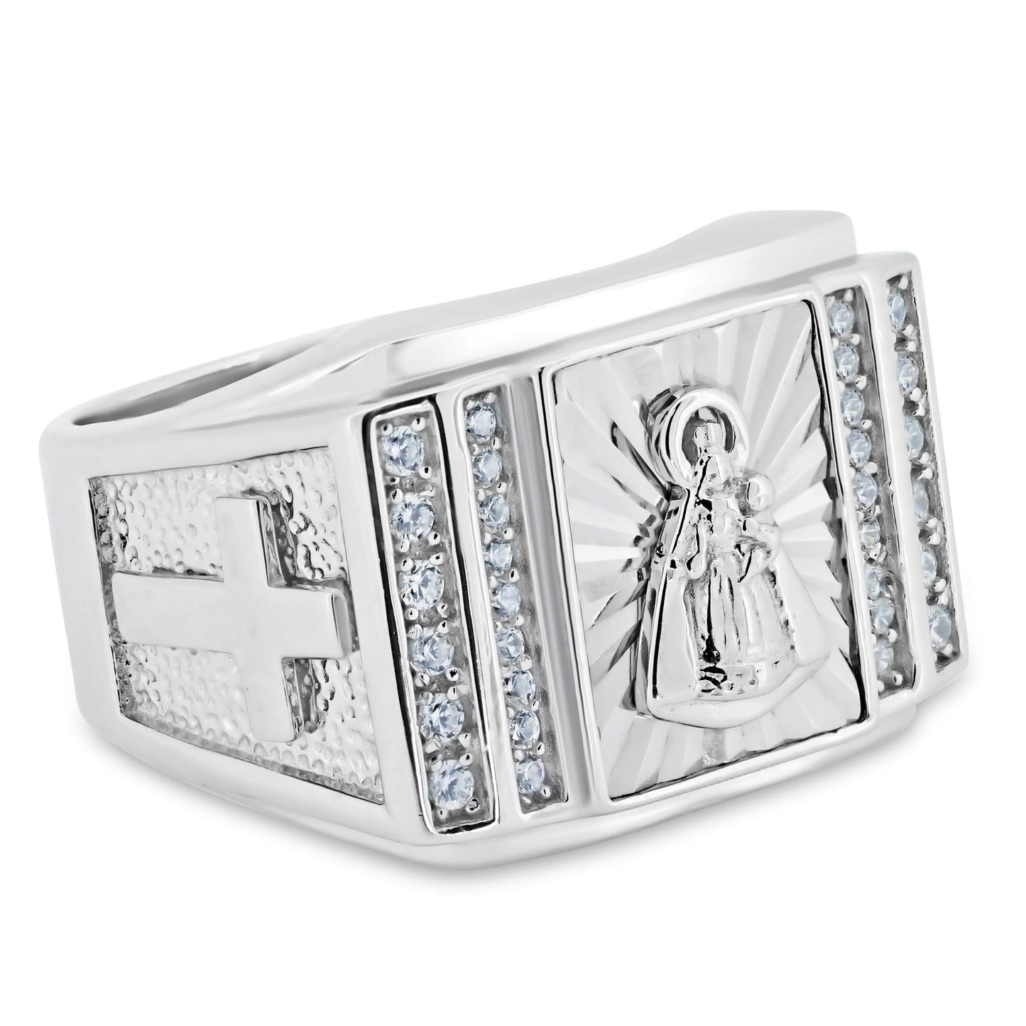 Rhodium Plated 925 Sterling Silver Faith Religious Saint CZ Ring Band Sizes 9-12