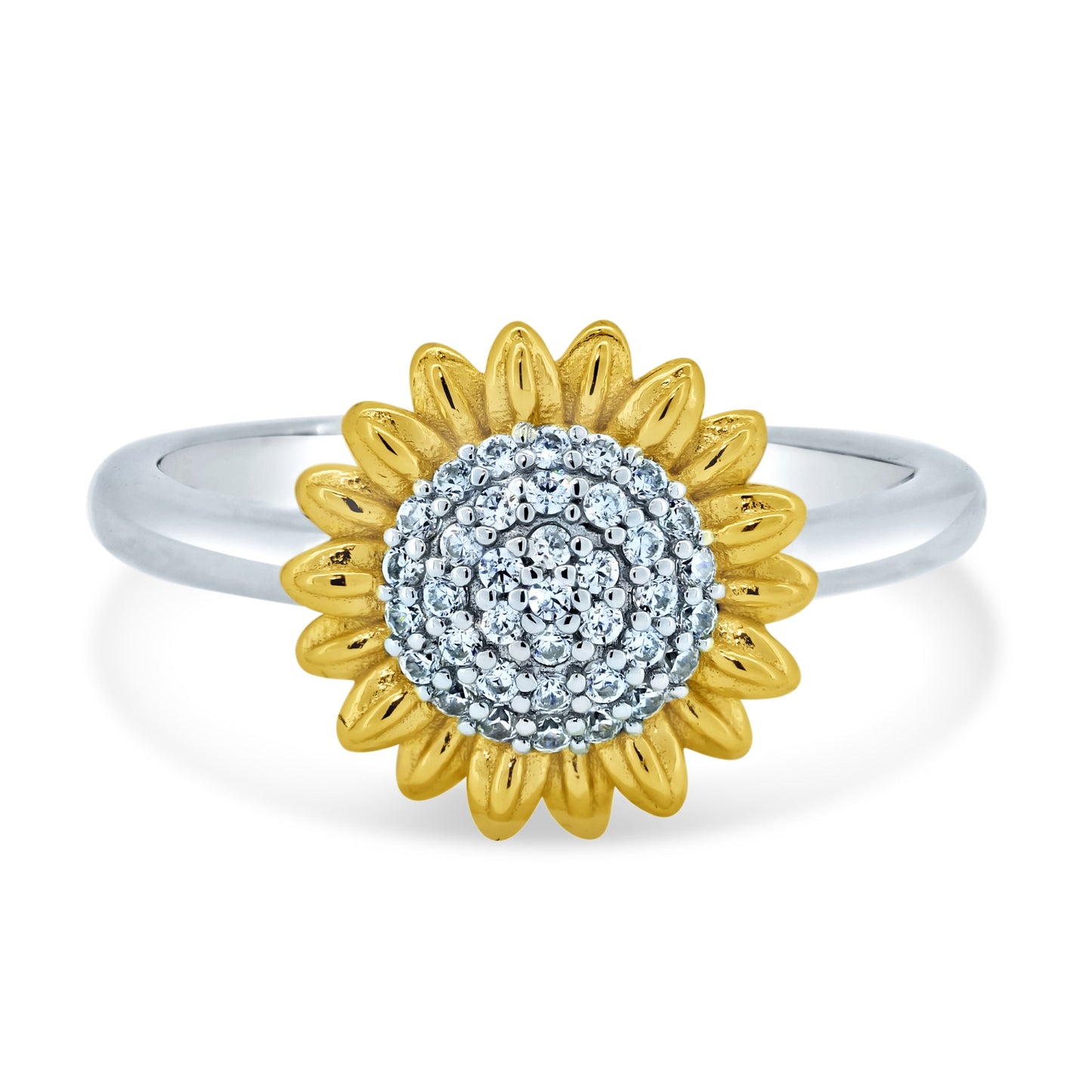 925 Sterling Silver Rhodium Gold Plated Cubic Zirconia Sunflower Ring Sizes 5-9