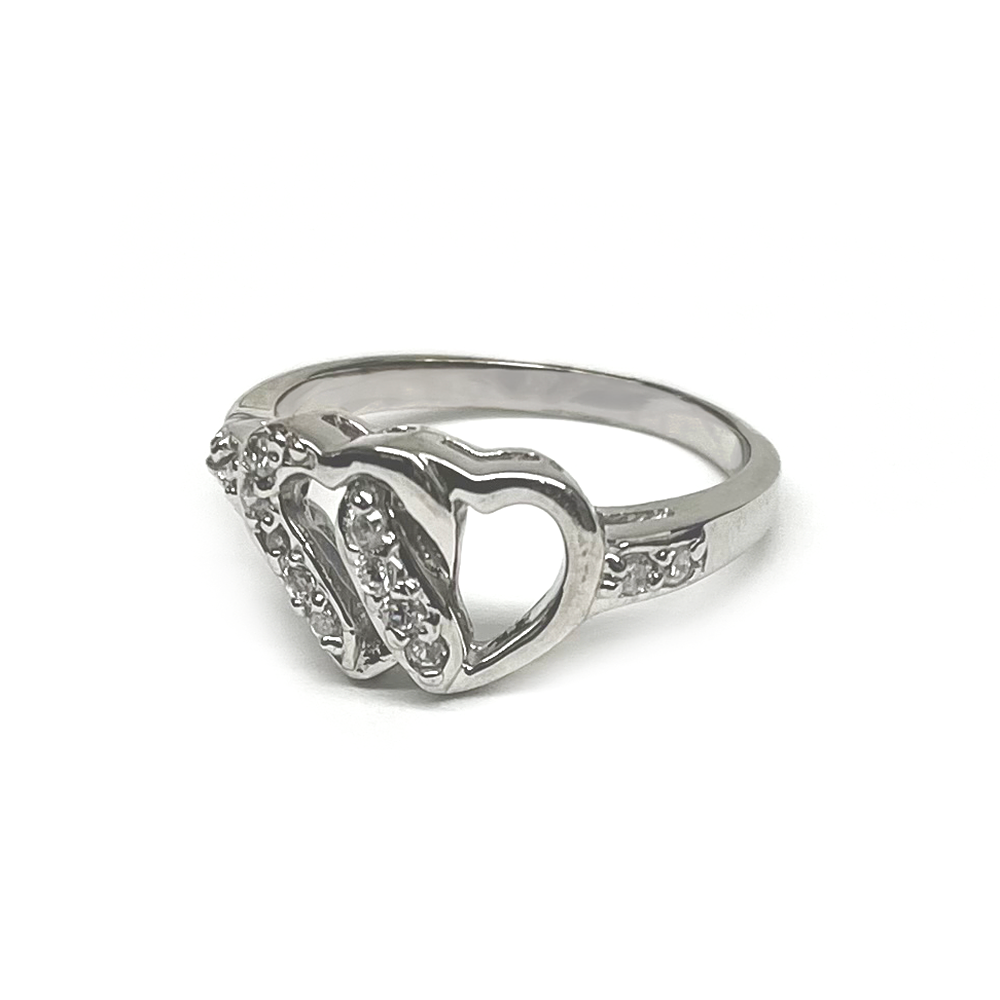 Rhodium Plated 925 Sterling Silver Open Double Heart Clear CZ Ring Sizes 5-9
