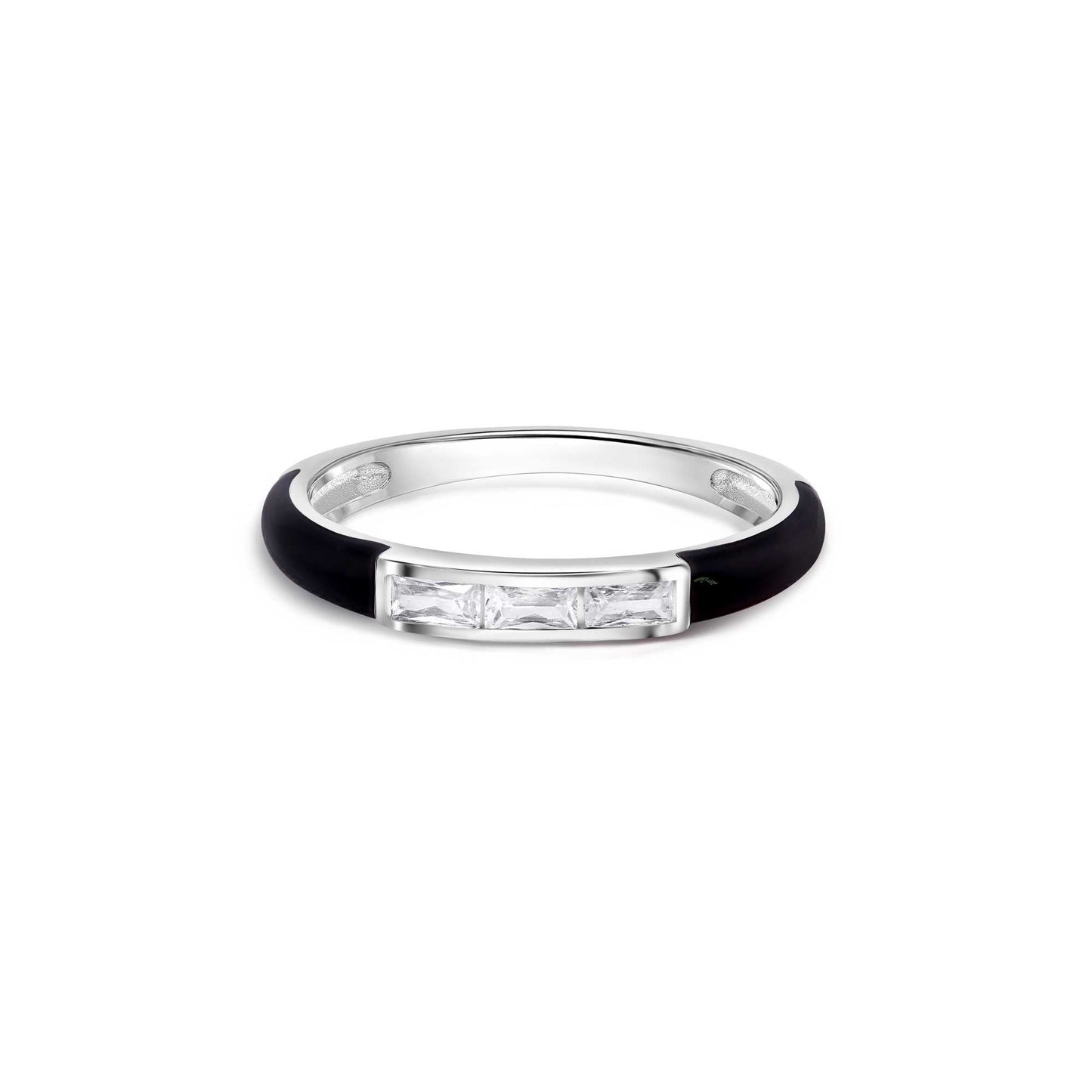 Rhodium Plated 925 Sterling Silver Clear Black Enamel Baguette CZ Ring Sizes 5-9