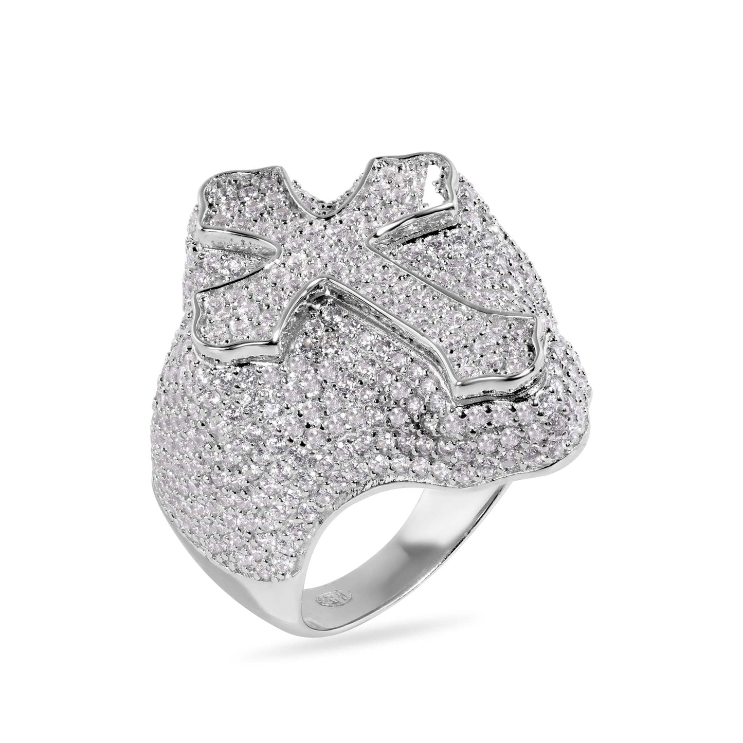 Rhodium Plated 925 Sterling Silver Cross Clear CZ Studded Band Ring Sizes 9-12