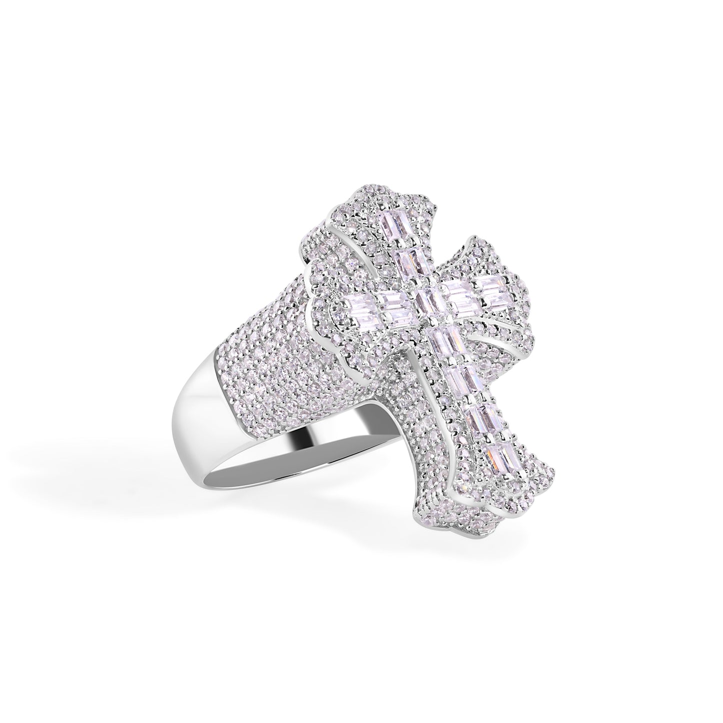 Rhodium Plated 925 Sterling Silver Fleur De Lis Cross Clear CZ Ring Sizes 9-12