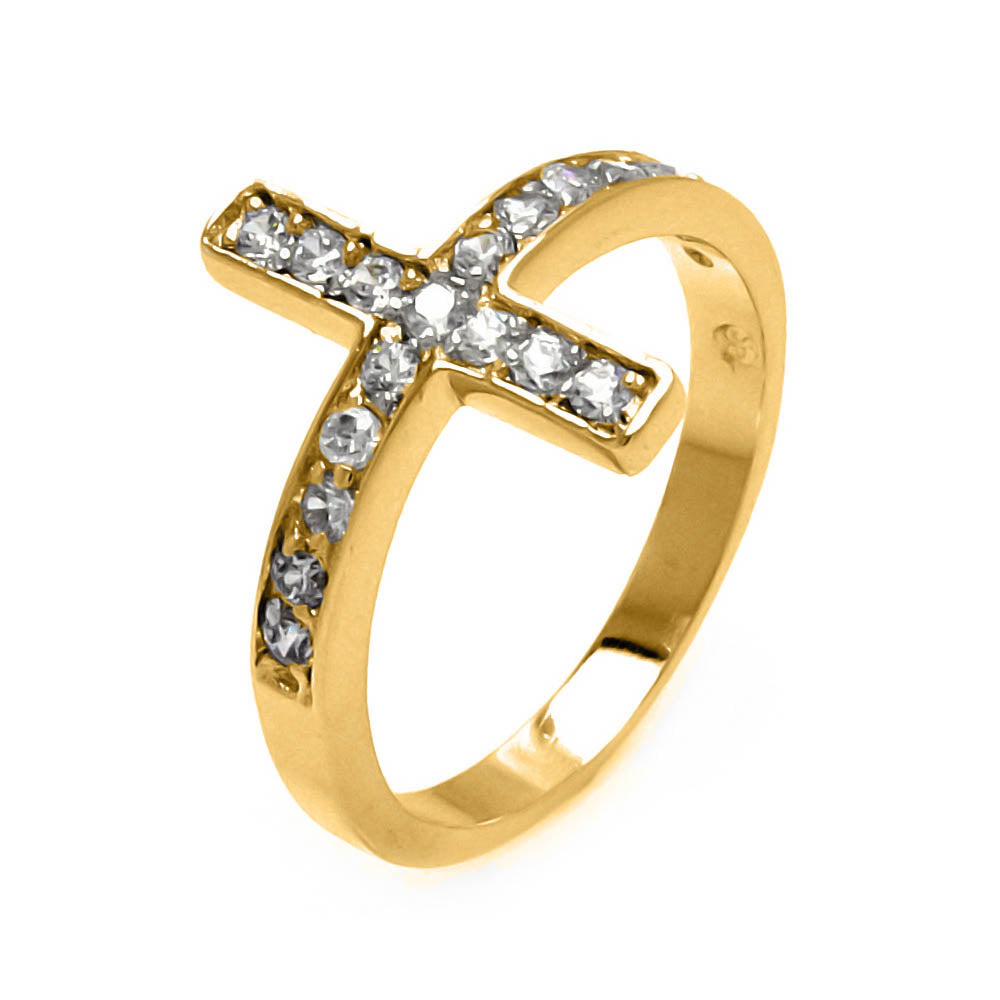 Gold Plated 925 Sterling Silver Clear Pave Set Clear CZ Cross Ring Sizes 5-9