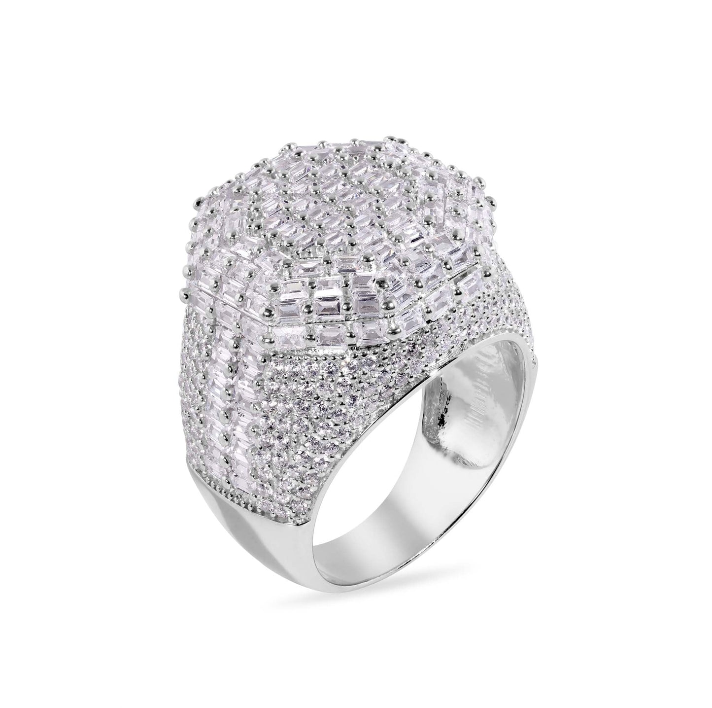 Rhodium Plated 925 Sterling Silver Baguette Clear CZ Octagon Ring Sizes 9-12