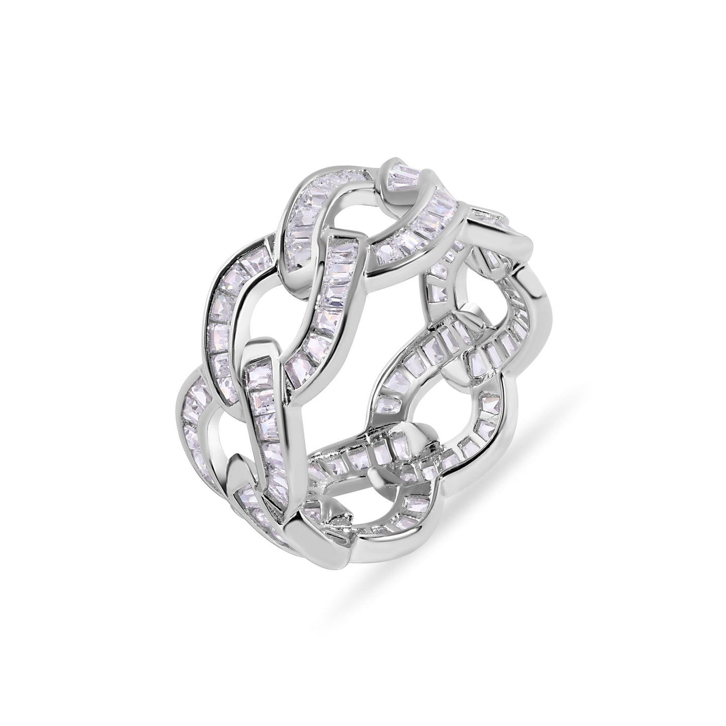 Rhodium Plated 925 Sterling Silver Curb Baguette Clear CZ 10.3mm Ring Sizes 9-12