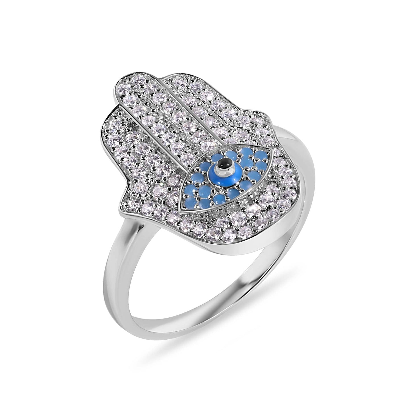 Rhodium Plated 925 Sterling Silver Hamsa Eye Simulated Turquoise Ring Sizes 5-9