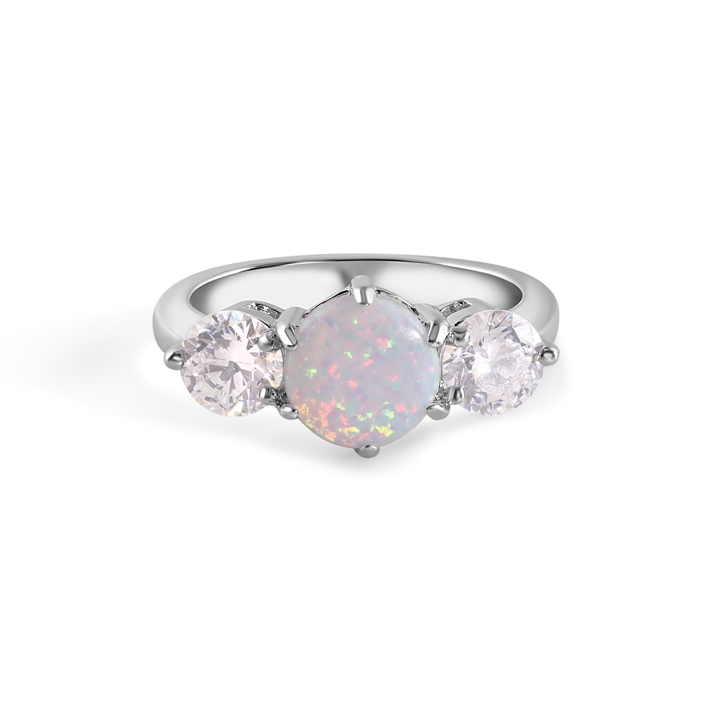 Rhodium Plated Sterling Silver Three Trellis Synthetic Opal CZ Ring Sizes 5-9