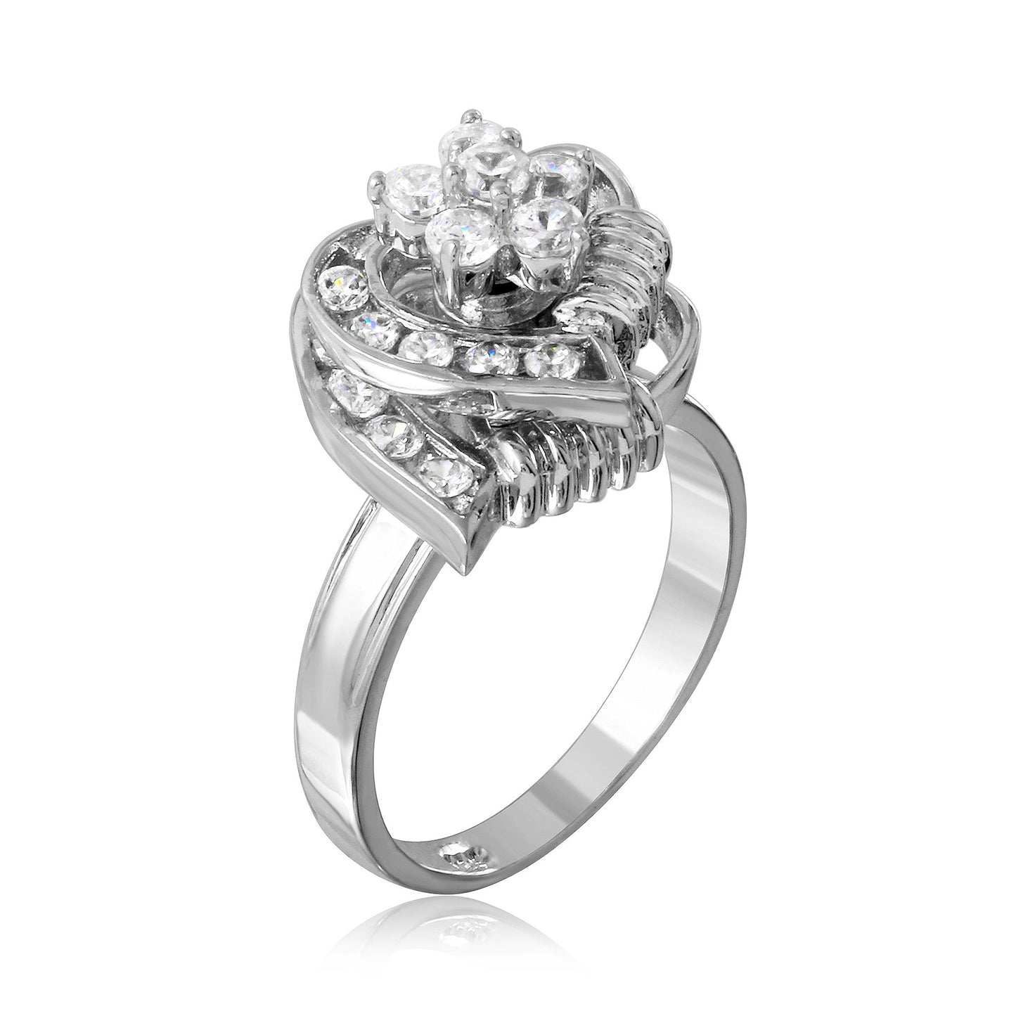 Rhodium Plated Sterling Silver Flower Hearts Fidgeting Clear CZ Ring Sizes 5-9