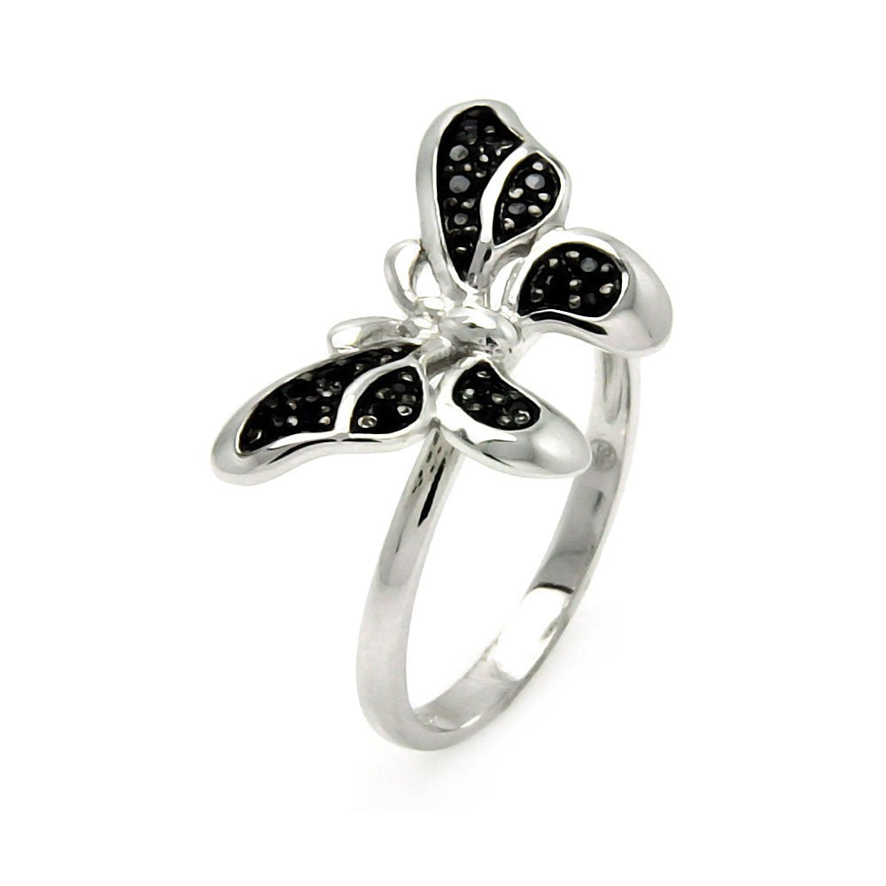 925 Sterling Silver Nickel Free Rhodium Plated Butterfly Black CZ Ring Sizes 5-9