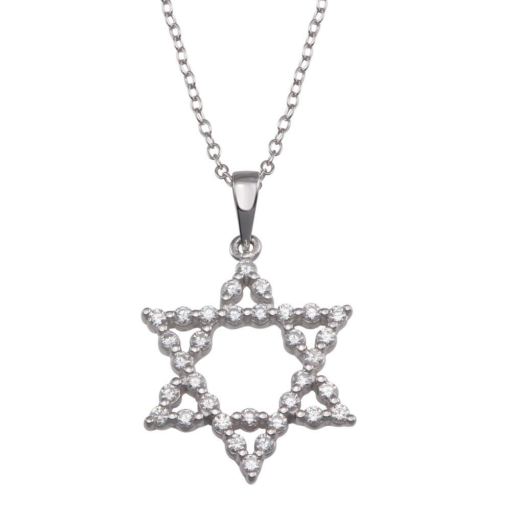 Silver 925 Rhodium Plated Open Star of David Clear CZ Dangling Wire Pendant