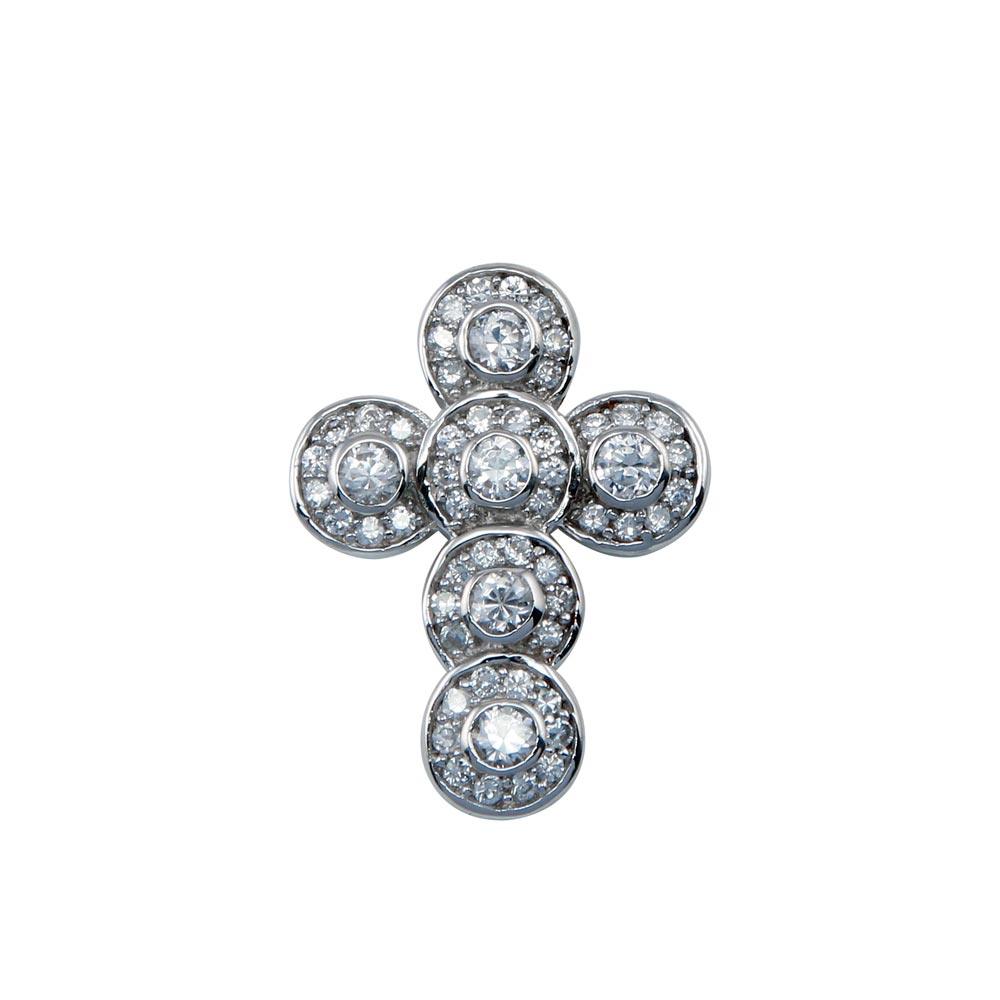 Sterling Silver 925 Rhodium Plated Round Christian Cross CZ Dangling Pendant
