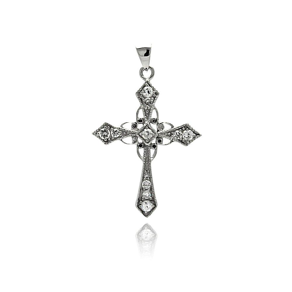 Sterling Silver 925 Rhodium Plated Christian Jesus Cross CZ Dangling Pendant