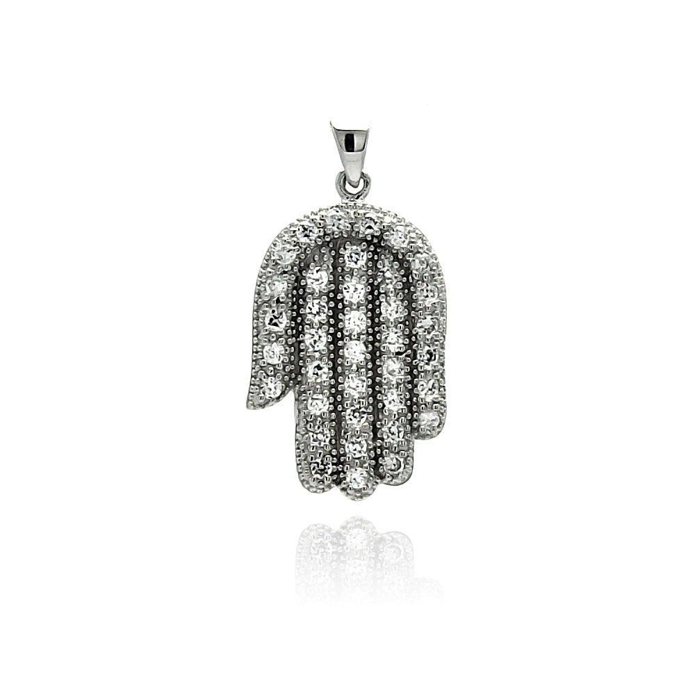 Sterling Silver 925 Rhodium Plated Hip-Hop Men's Hamsa Hand CZ Dangling Pendant