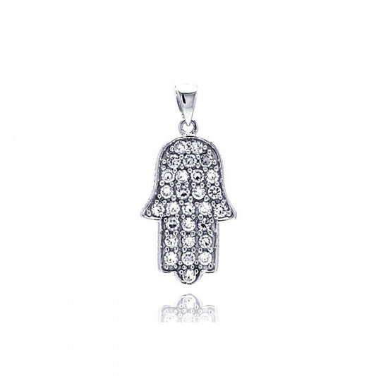 Sterling Silver 925 Rhodium Plated Hand Hamsa Clear CZ Dangling Pendant
