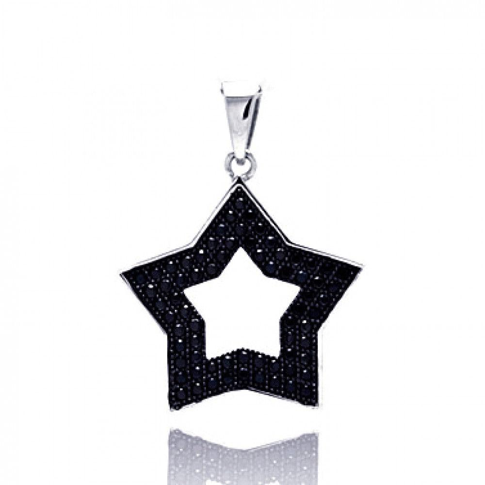 Sterling Silver 925 Black Rhodium Plated Open Star Micro Pave CZ Pendant