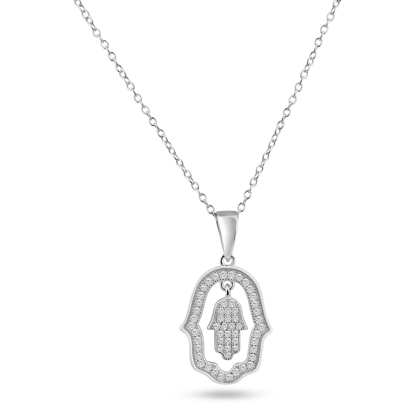 Sterling Silver 925 Rhodium Plated Open Hand Curvy Circle CZ Dangling Pendant