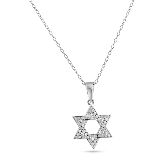 Sterling Silver 925 Rhodium Plated Open Hebrew Star of David CZ Jewish Pendant