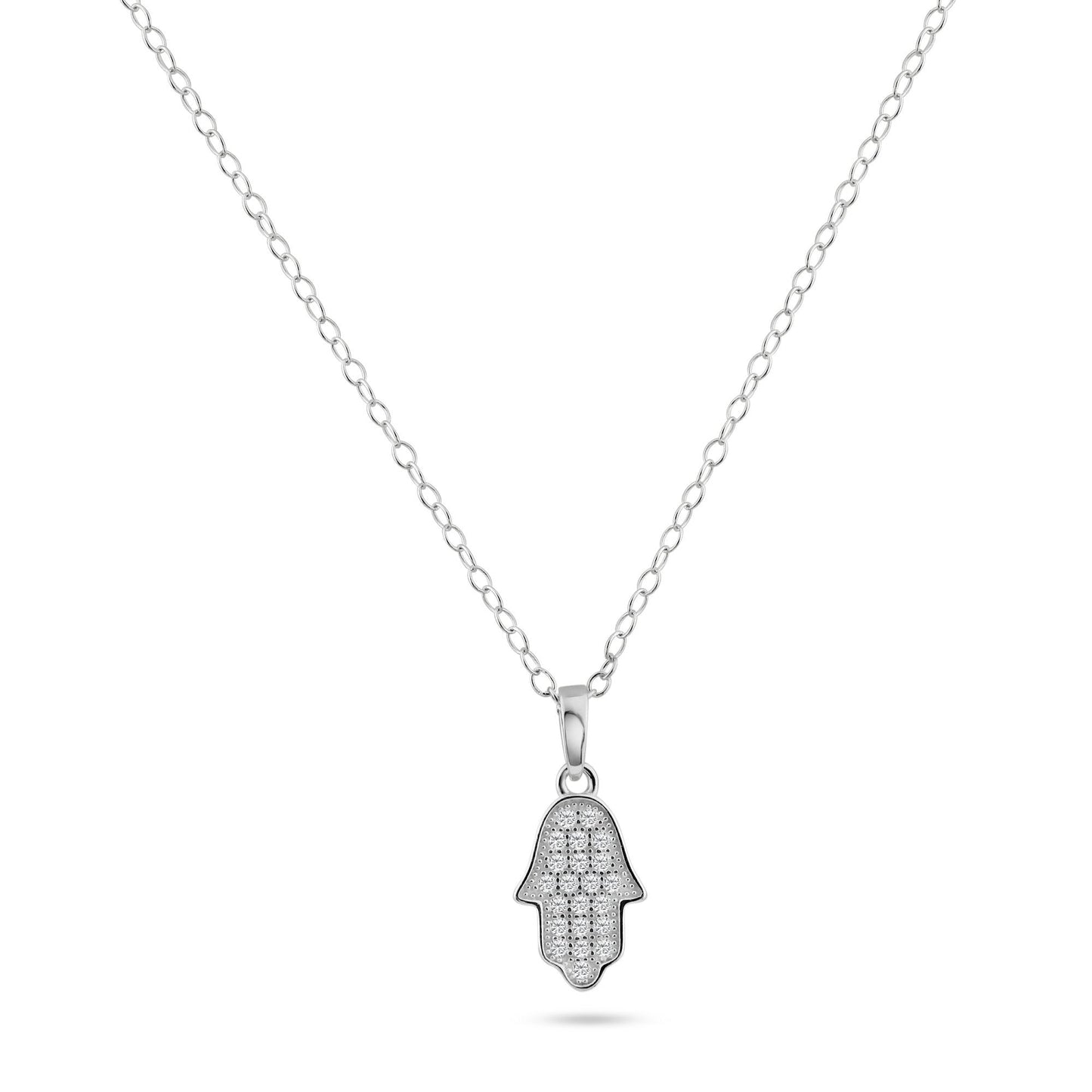 Sterling Silver 925 Rhodium Plated Hamsa Micro Pave CZ Dangling Pendant Chain