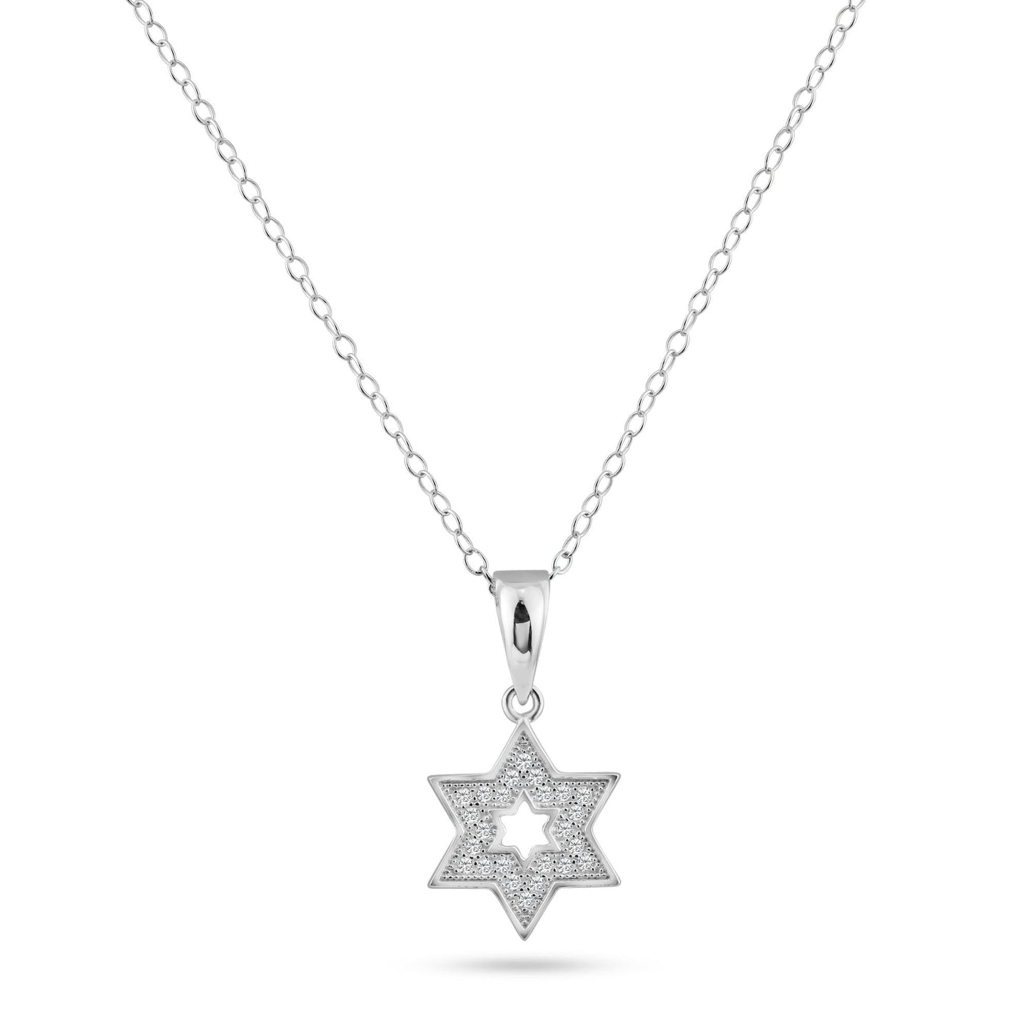 Sterling Silver 925 Rhodium Plated Star Of David Open CZ Dangling Pendant Chain