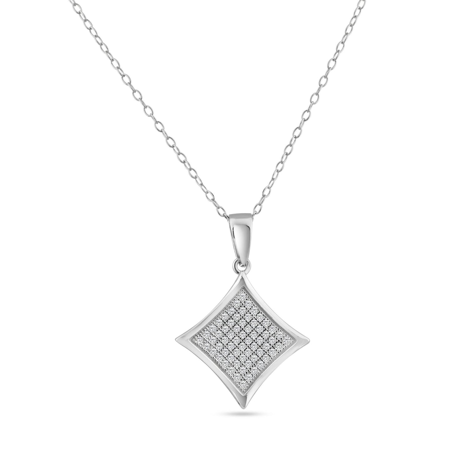 Sterling Silver 925 Rhodium Plated Square Micro Pave CZ Dangling Pendant Chain