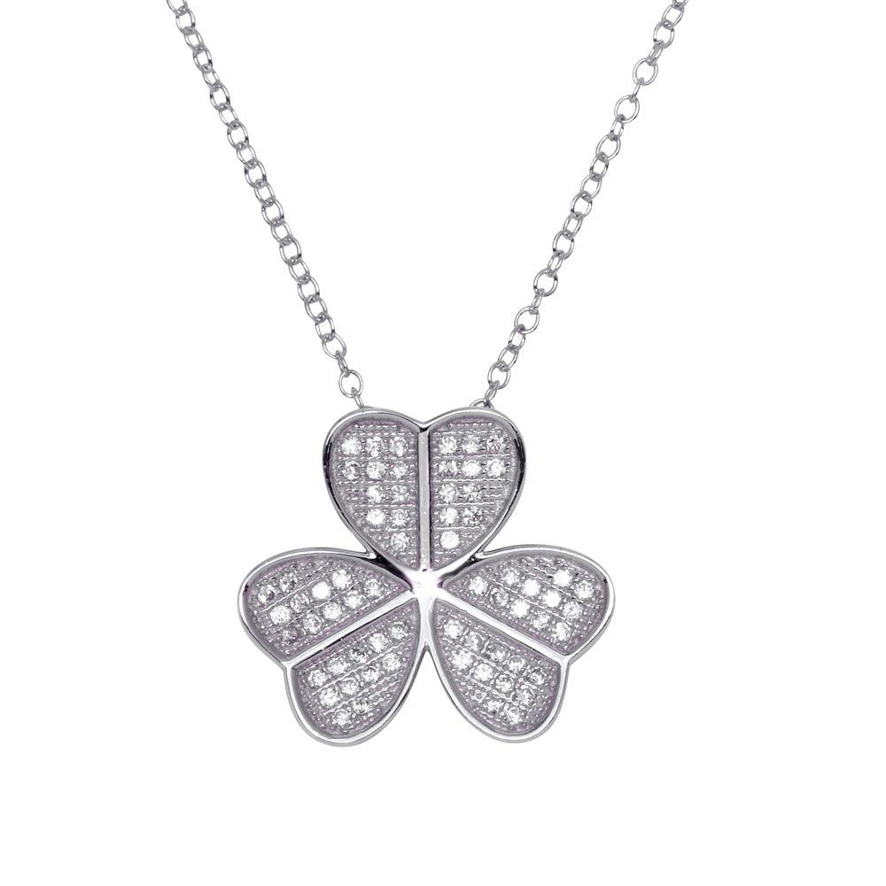Sterling Silver 925 Rhodium Plated Clover Heart Good Luck CZ Pendant Cable Chain