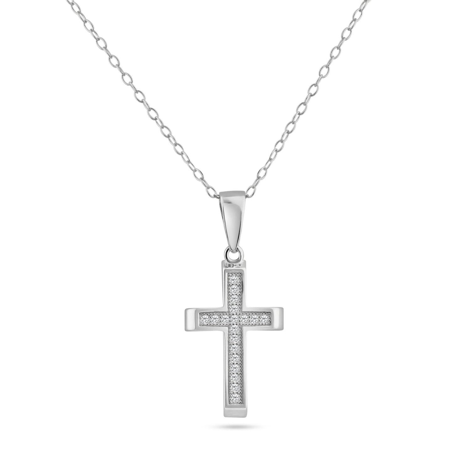 Sterling Silver 925 Rhodium Plated Cross Inlay Micro Pave CZ Dangling Pendant