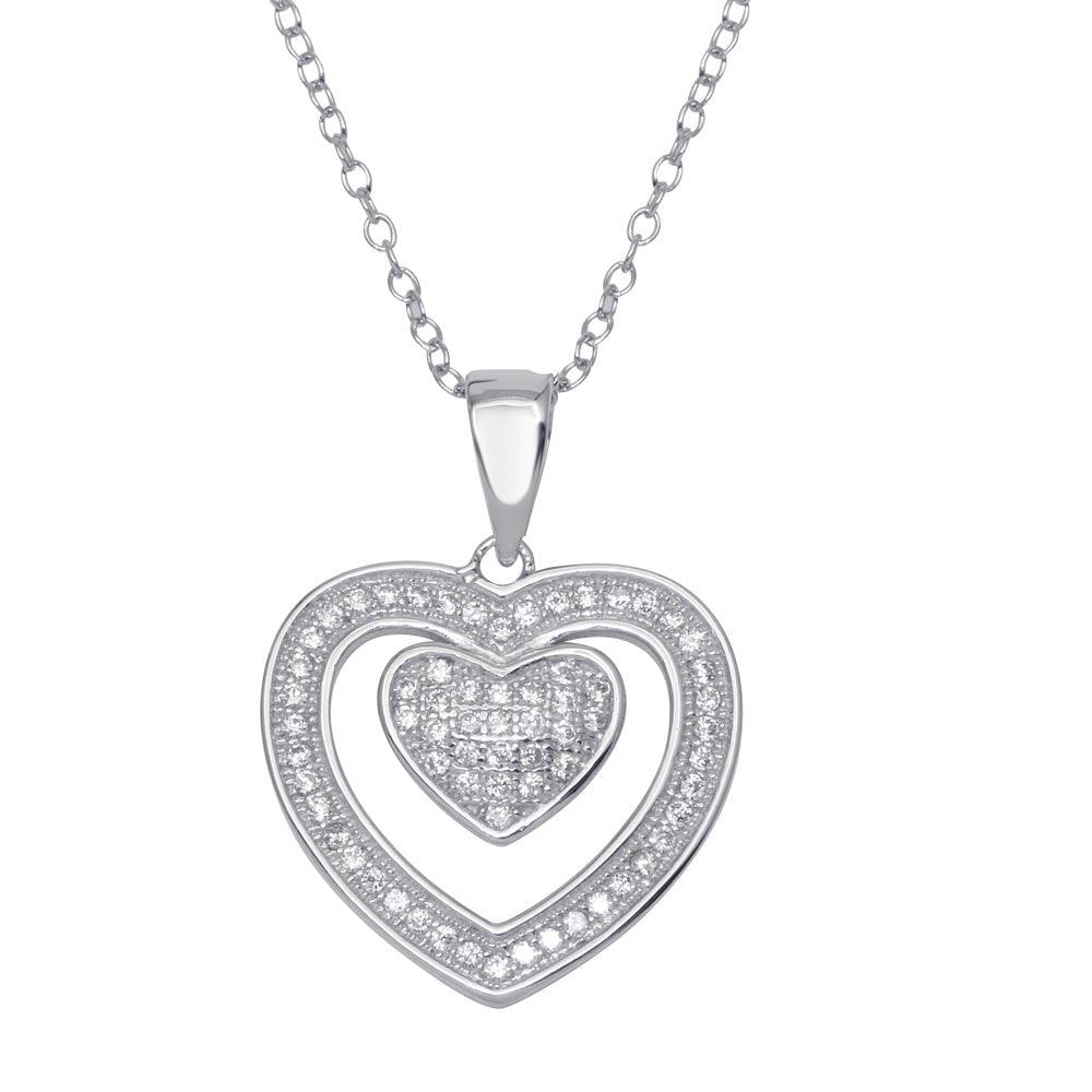 Sterling Silver 925 Rhodium Plated Open Heart Micro Pave CZ Dangling Pendant
