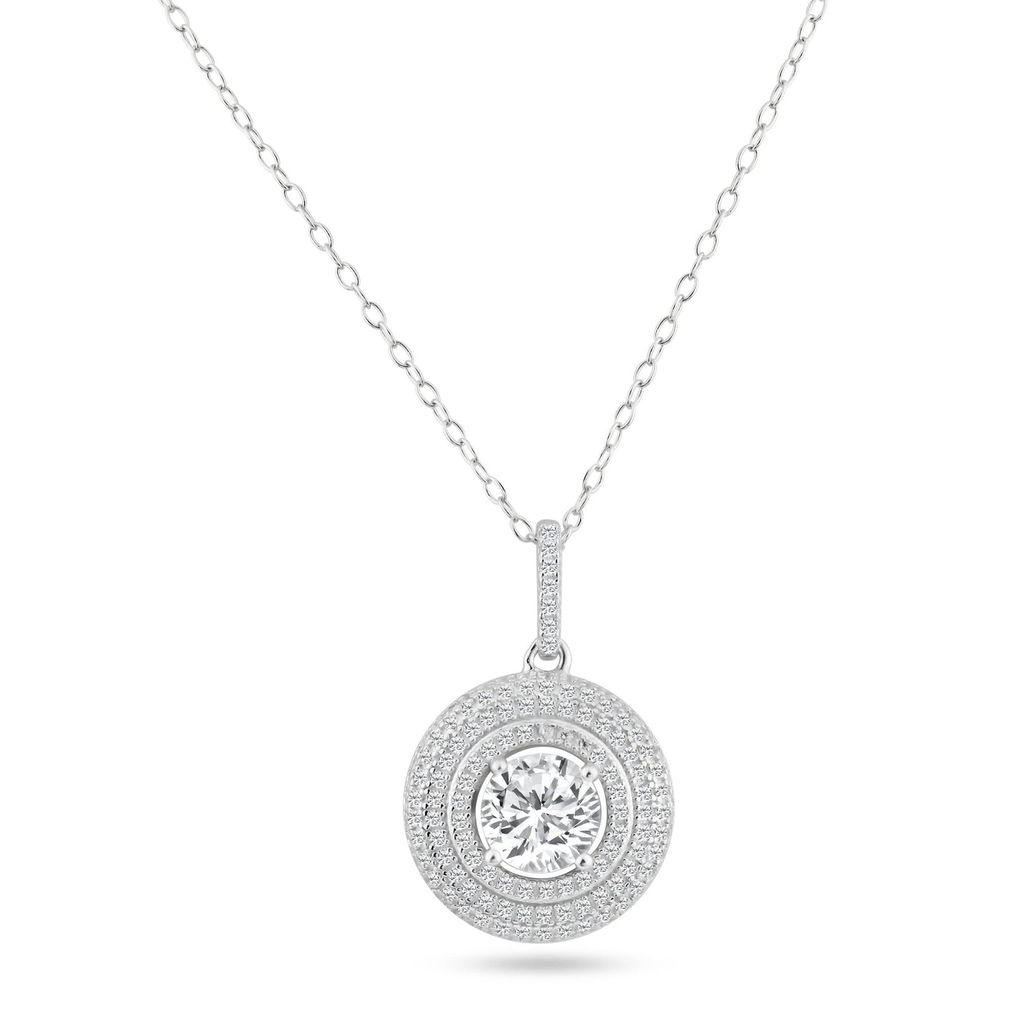 Sterling Silver 925 Rhodium Plated Circle Micro Pave Halo CZ Dangling Pendant