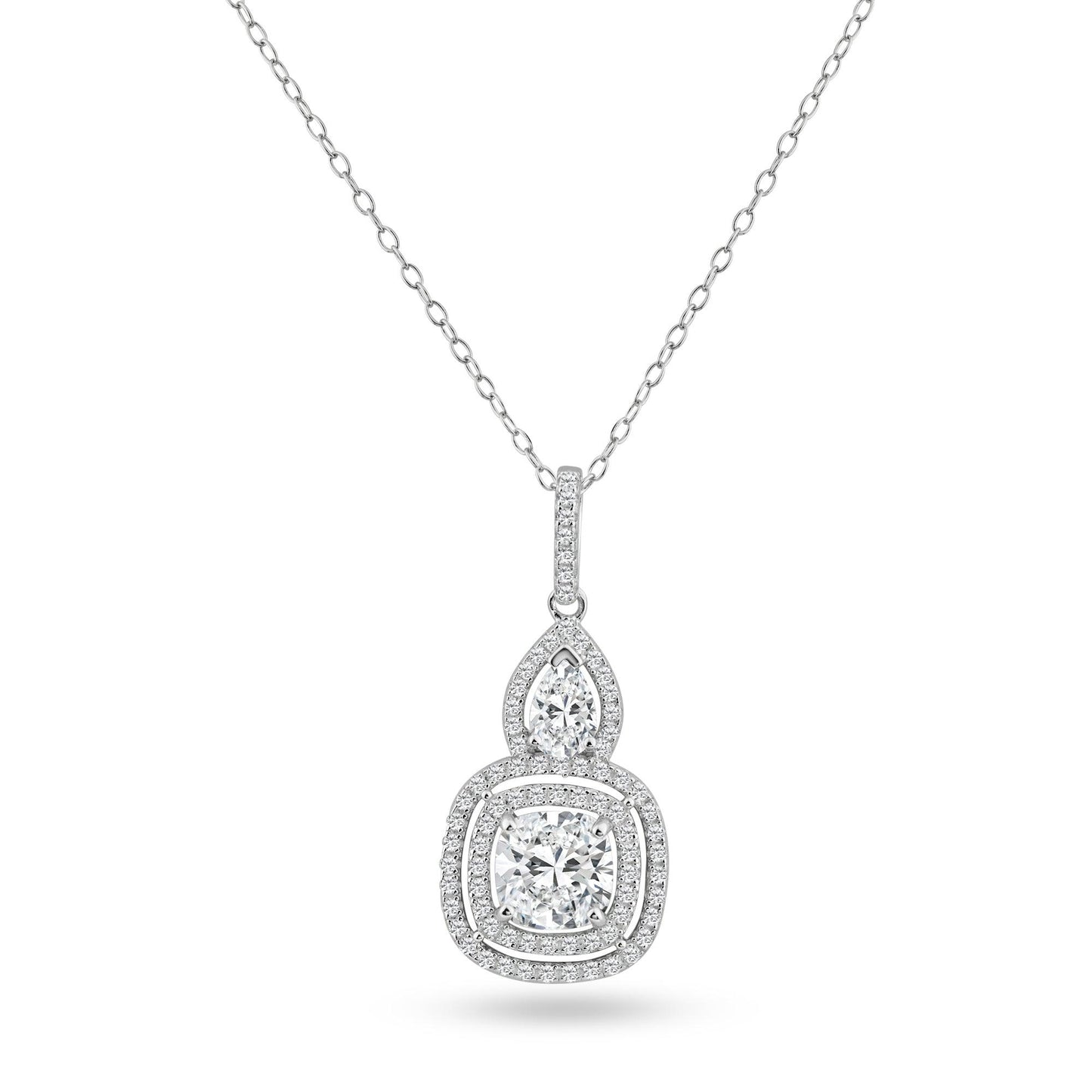 Sterling Silver 925 Rhodium Plated Square Teardrop Halo CZ Dangling Pendant