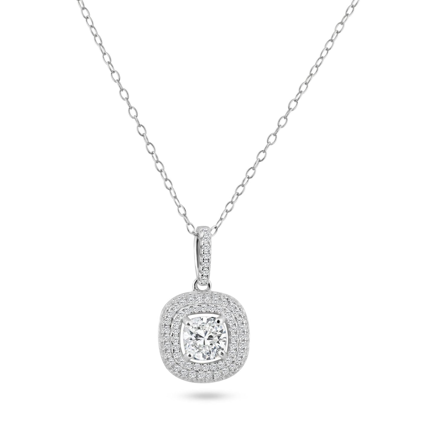 Sterling Silver 925 Rhodium Plated Square Micro Pave CZ Dangling Pendant Chain