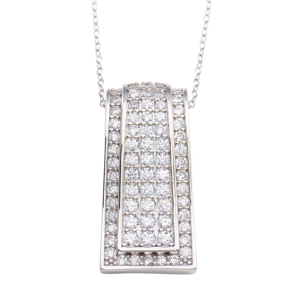 Sterling Silver 925 Rhodium Plated Pave Geometric Rectangular CZ Pendant Chain