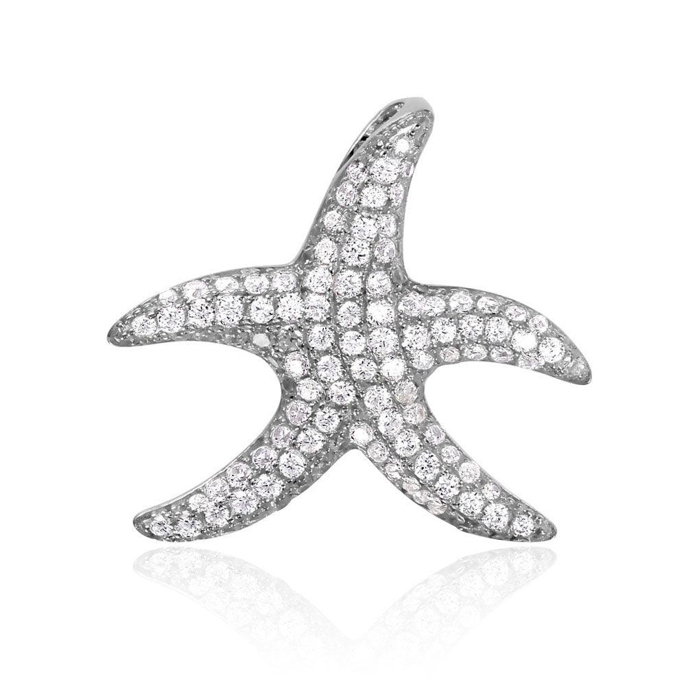 Sterling Silver 925 Rhodium Plated Starfish Clear CZ Pendant Slider Charm