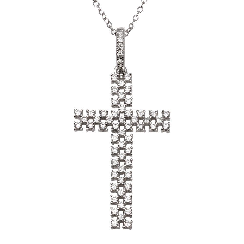 Sterling Silver 925 Rhodium Plated Thin Open Checkered Cross CZ Pendant Chain