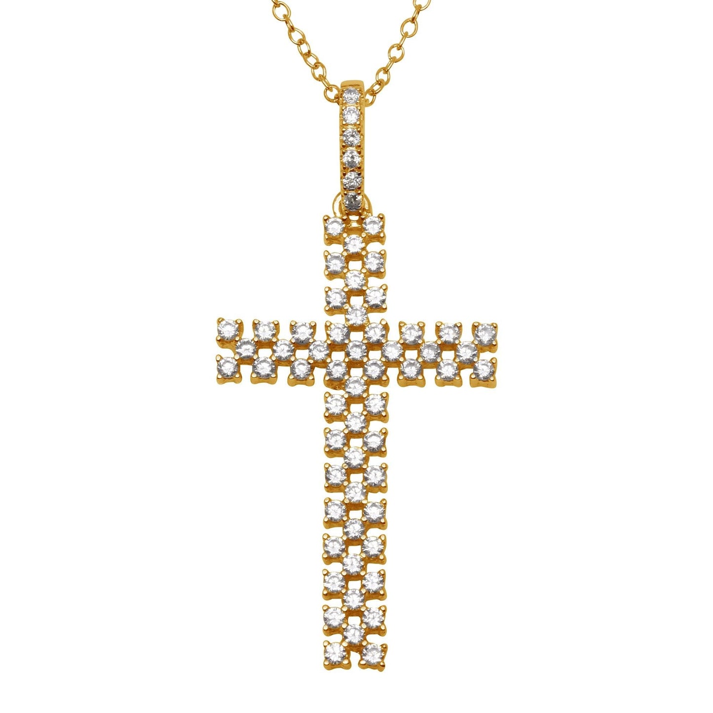 Sterling Silver 925 Rose Gold Plated Thin Open Checkered Cross CZ Pendant Charm