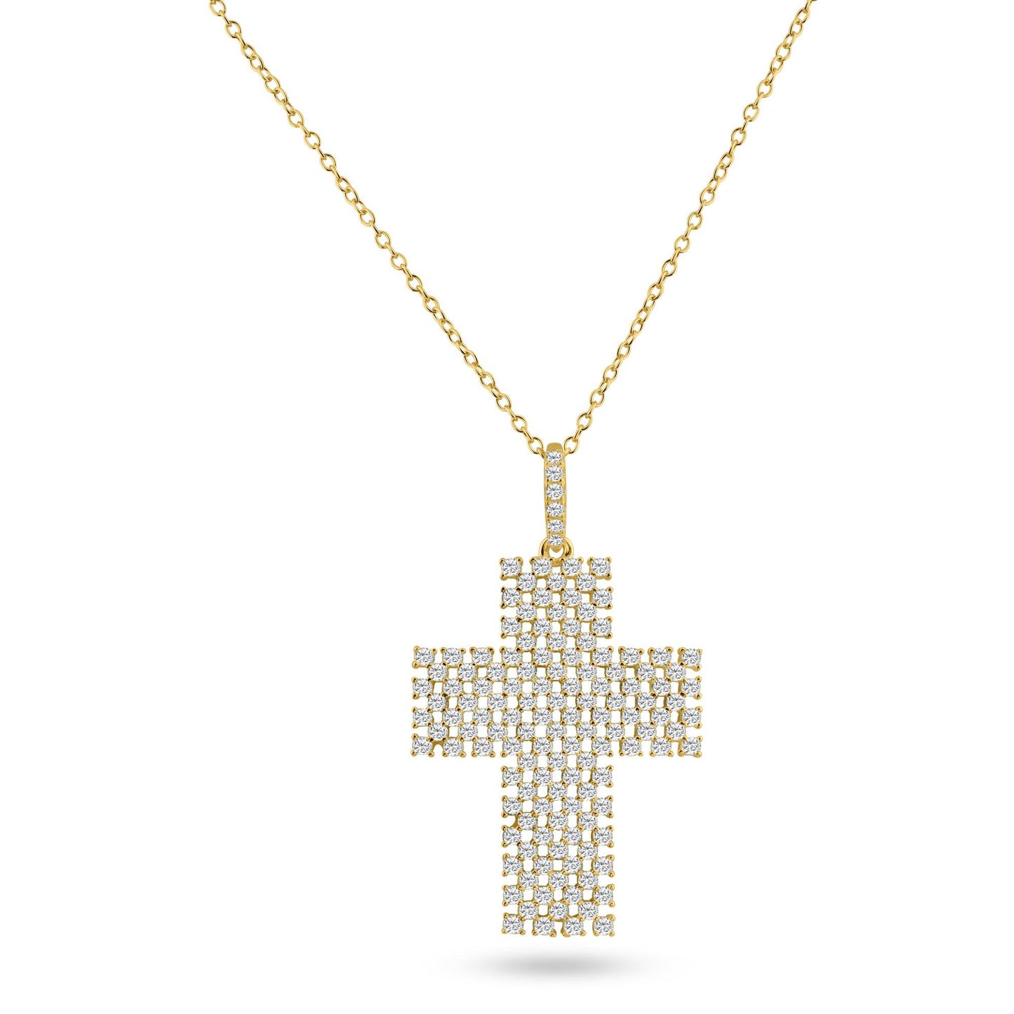 Sterling Silver 925 Gold Plated Thick Open Checkered Cross CZ Pendant Charm