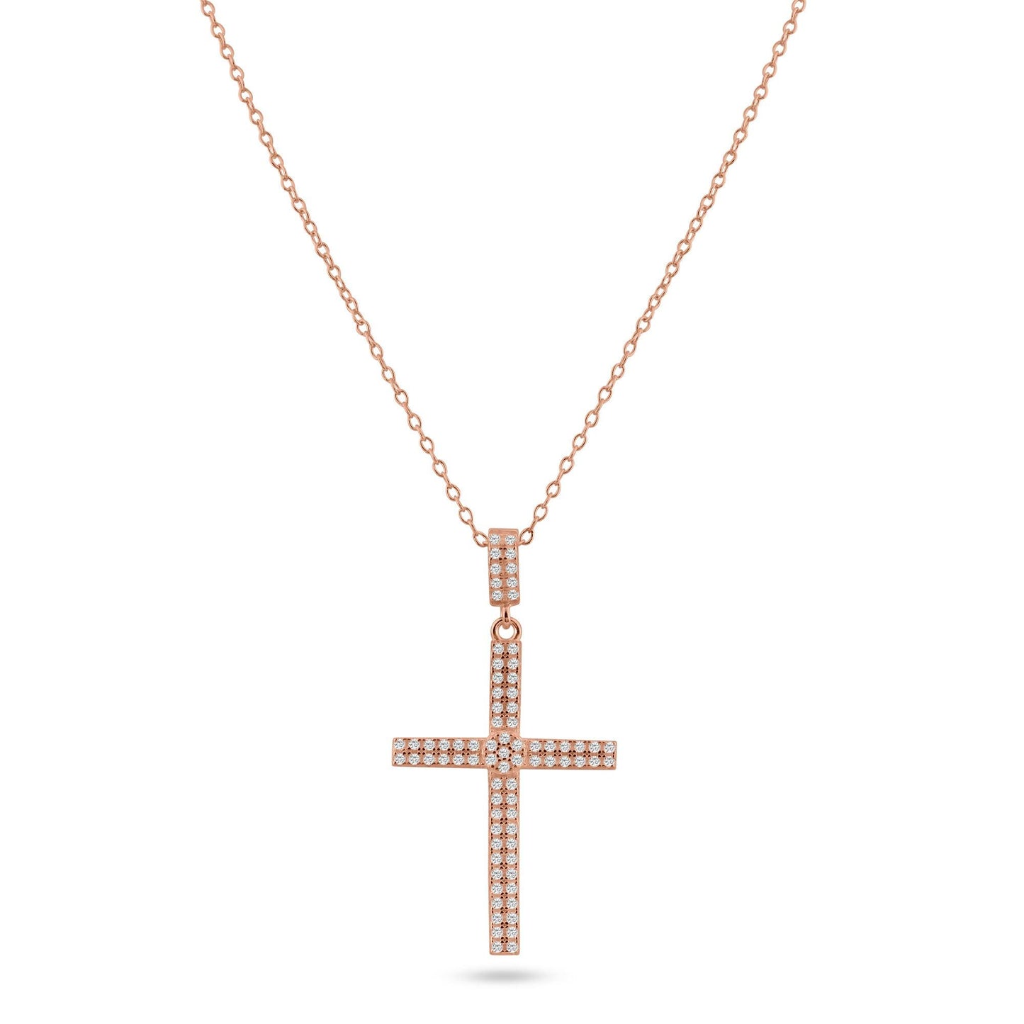 Sterling Silver 925 Rose Gold Plated Cross Micro Pave CZ Dangling Pendant