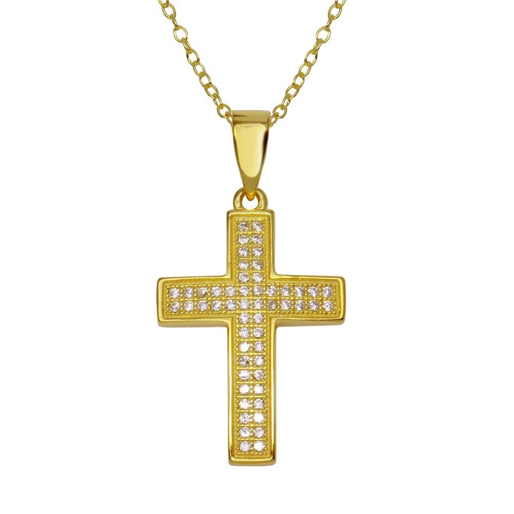 Sterling Silver 925 Gold Plated Cross Inlay Micro Pave CZ Cross Pendant Chain